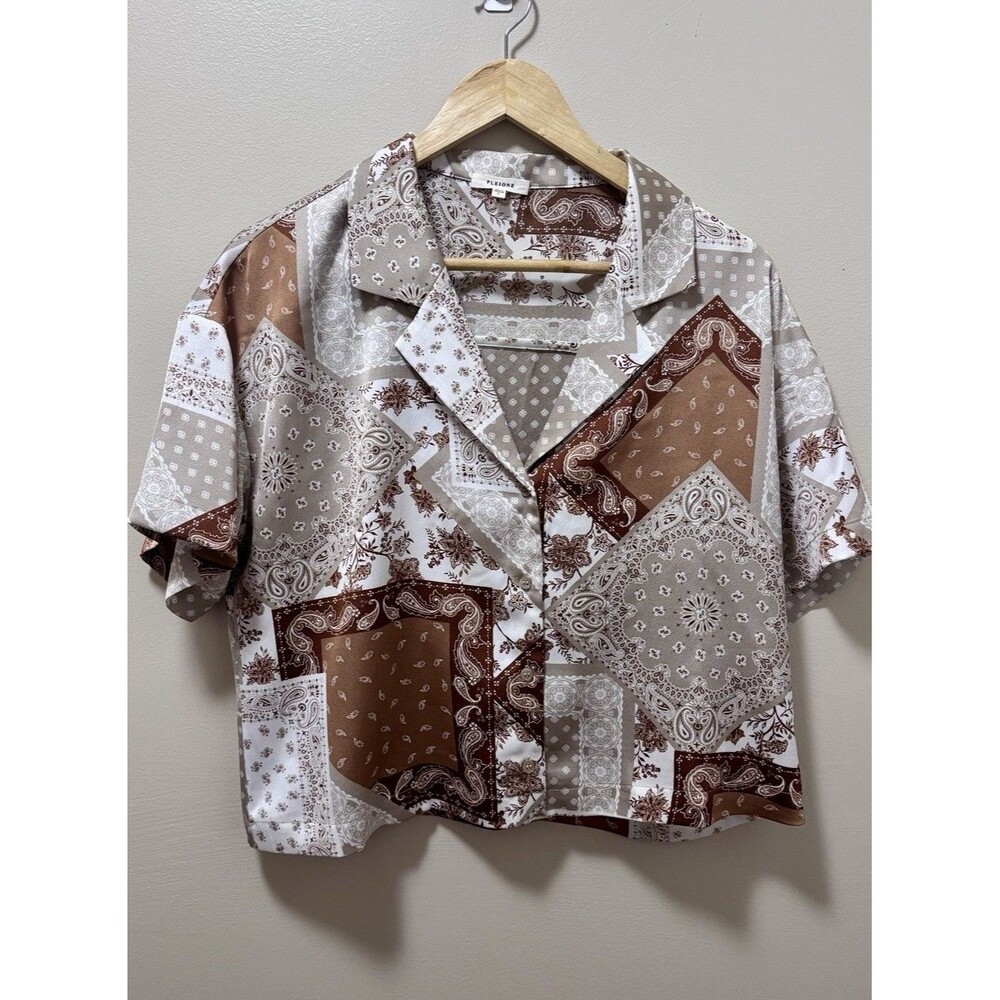 PLEIONE Woman's Button Up Brown Beige Paisley Short Sleeve Cropped Top Large New